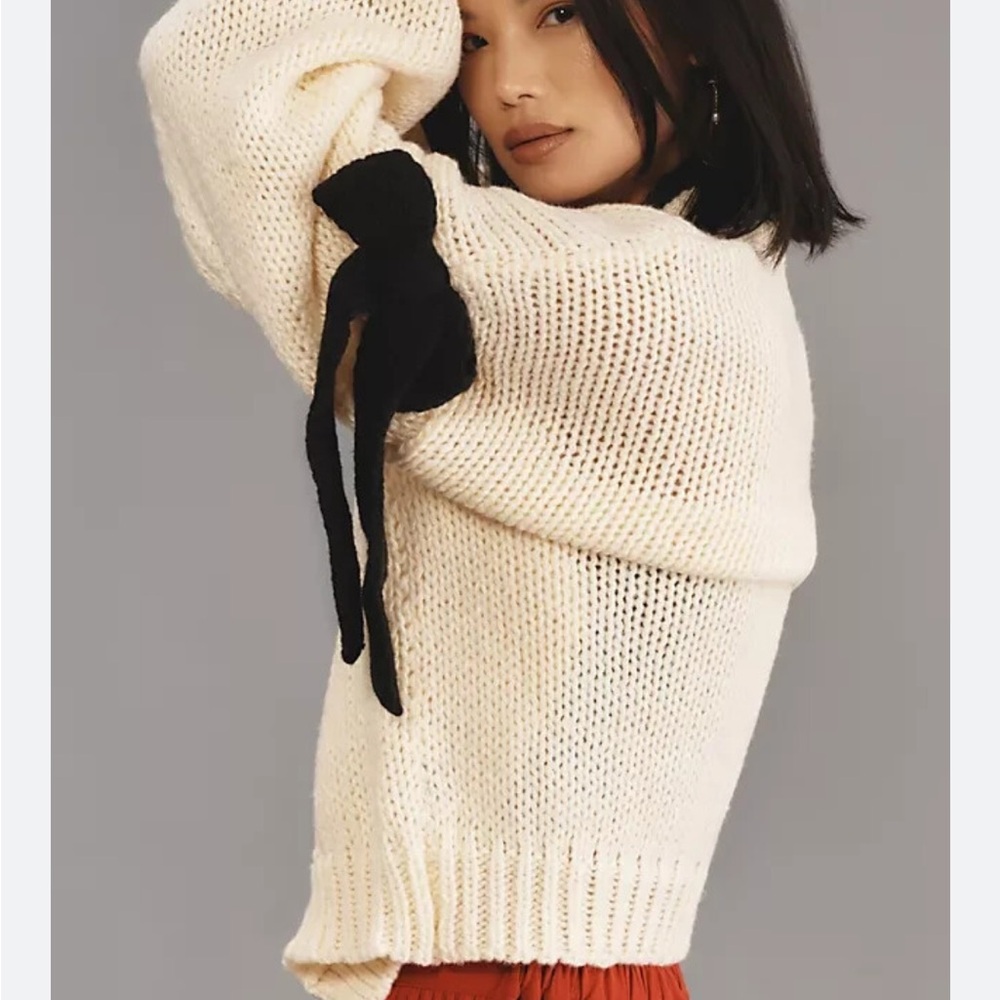Maeve Cream Sweater with Black Bow Accent